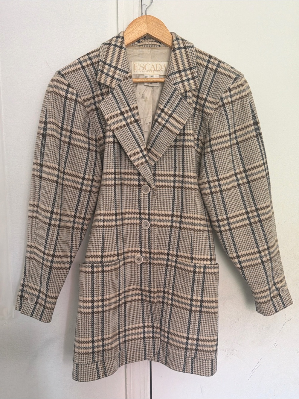 Vintage Escada 100% Virgin Wool Beige and Brown Plaid Blazer